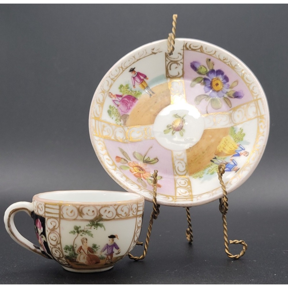 Antique Dresden Hand Painted Cup & Saucer Courting Scene Gold Gilt 1890s Germany